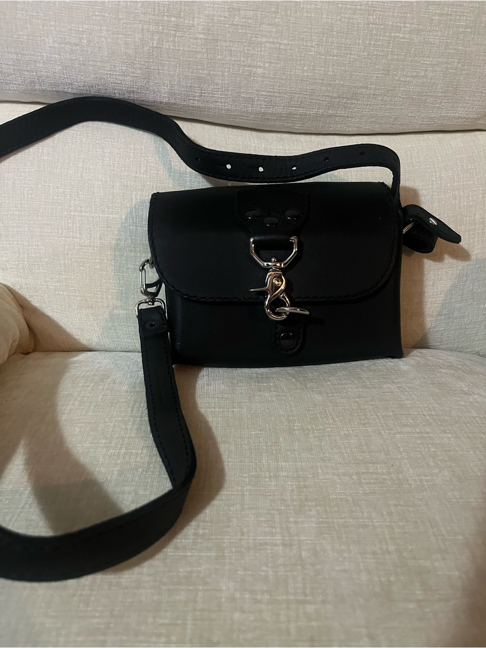 Saddleback Black Leather Crossbody Bag with Silver Hardware